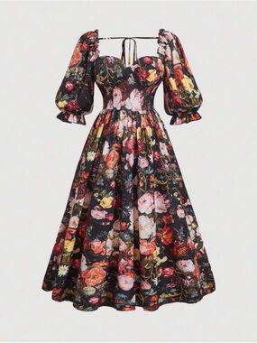 SHEIN Black Floral Puff-Sleeve Midi Dress